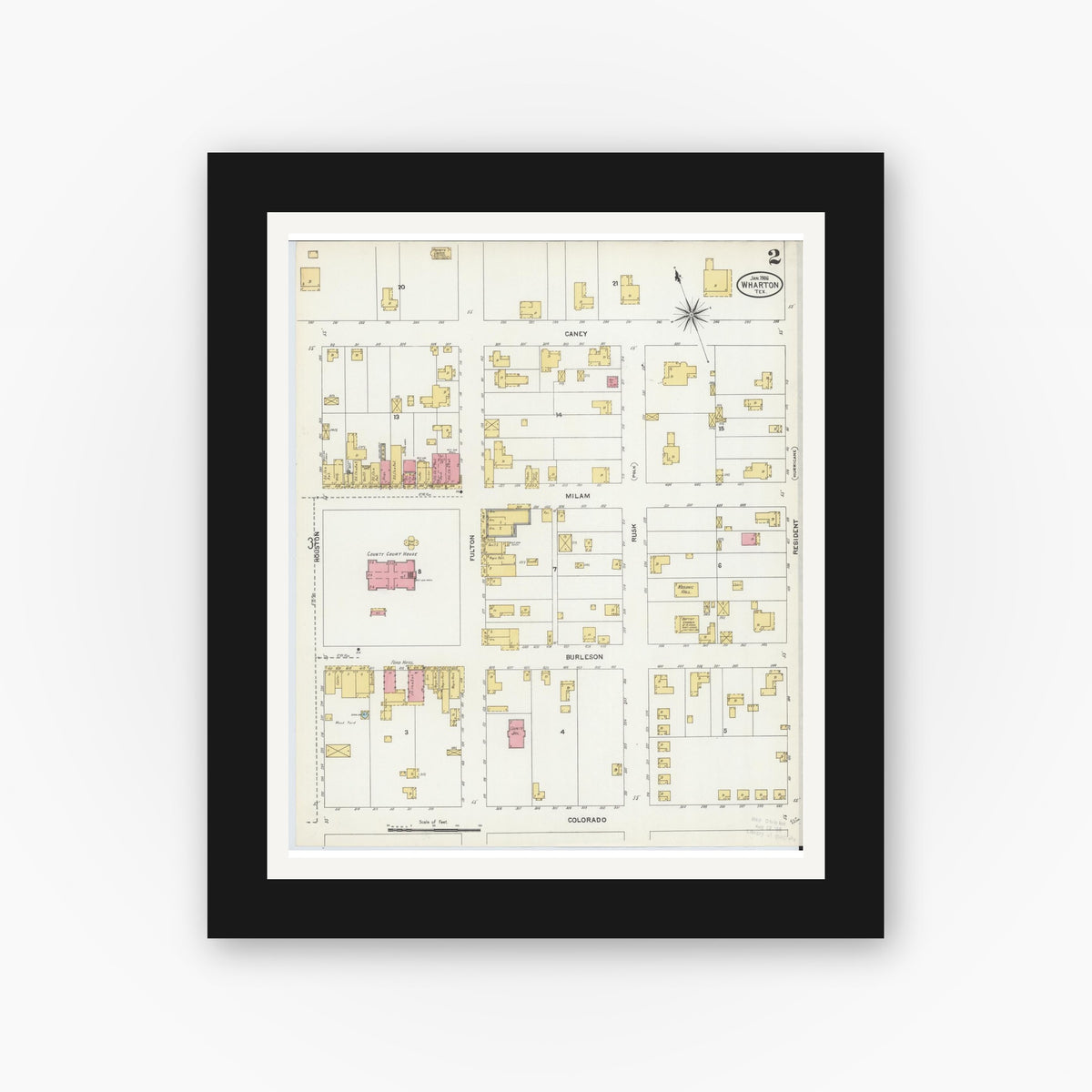 Old map wall art mockup — black gallery frame with white mat — Sanborn Fire Insurance Map from Wharton, Wharton County, Texas (1906), Sheet #0002