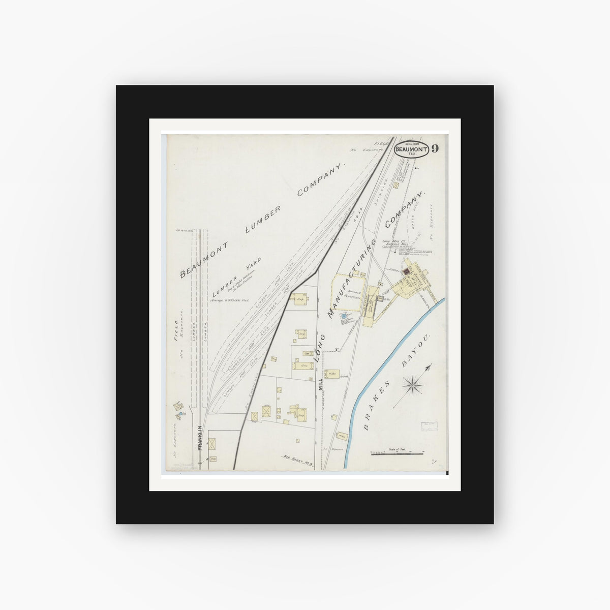Old map wall art mockup — black gallery frame with white mat — Sanborn Fire Insurance Map from Beaumont, Jefferson County, Texas (1889), Sheet #0009