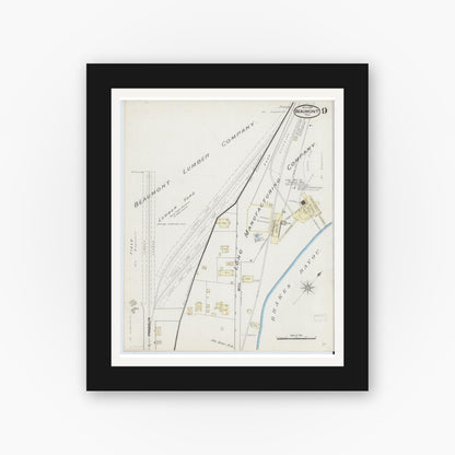 Old map wall art mockup — black gallery frame with white mat — Sanborn Fire Insurance Map from Beaumont, Jefferson County, Texas (1889), Sheet #0009