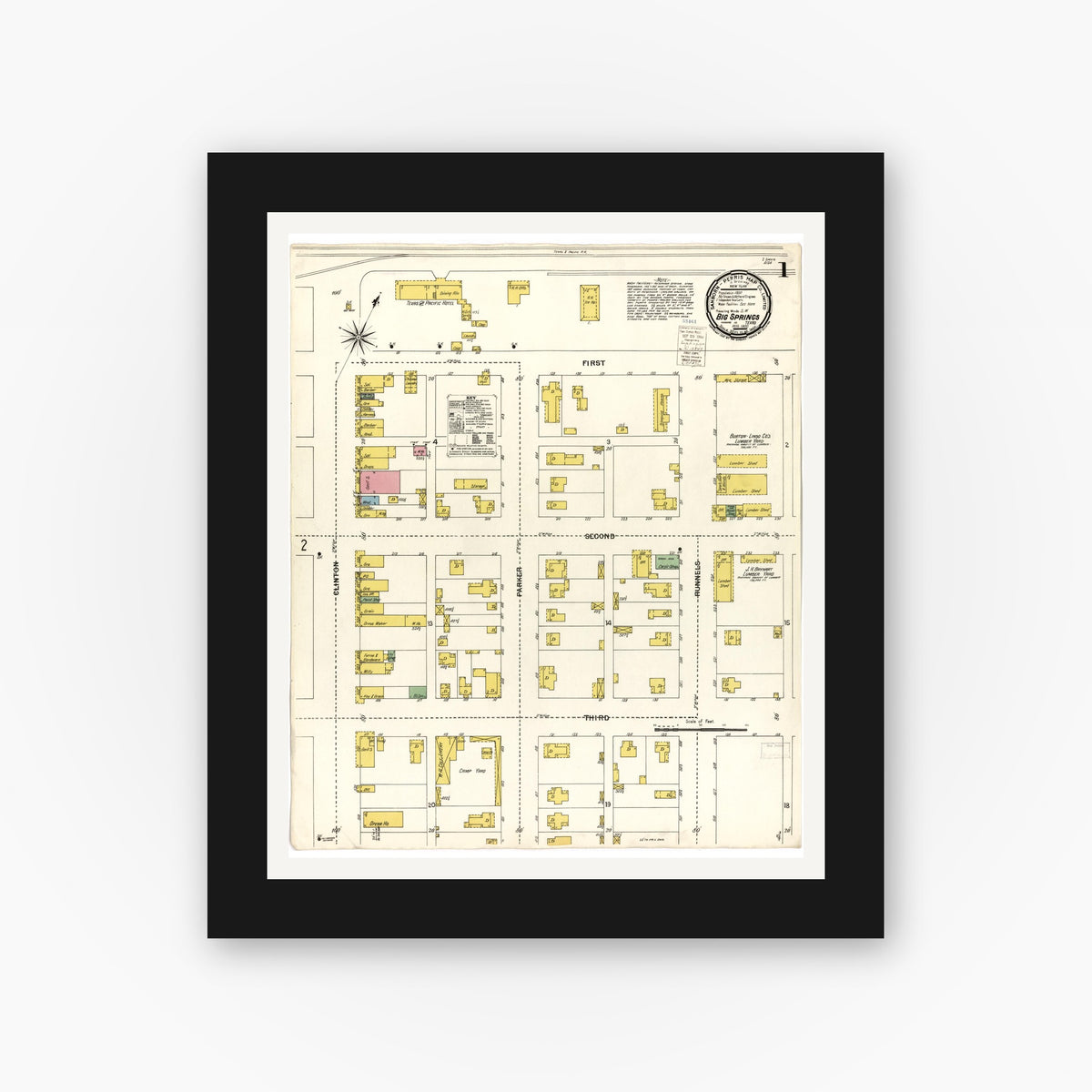 Old map wall art mockup — black gallery frame with white mat — Sanborn Fire Insurance Map from Big Spring, Howard County, Texas (1900), Sheet #0001