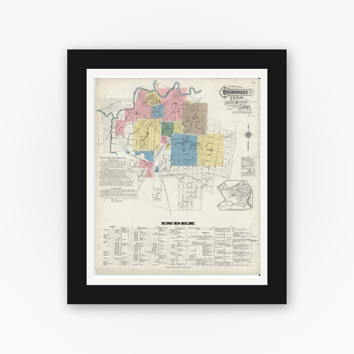 Old map wall art mockup — black gallery frame with white mat — Sanborn Fire Insurance Map from Brownwood, Brown County, Texas (1915) - Complete Map Set