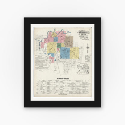 Old map wall art mockup — black gallery frame with white mat — Sanborn Fire Insurance Map from Brownwood, Brown County, Texas (1915) - Complete Map Set