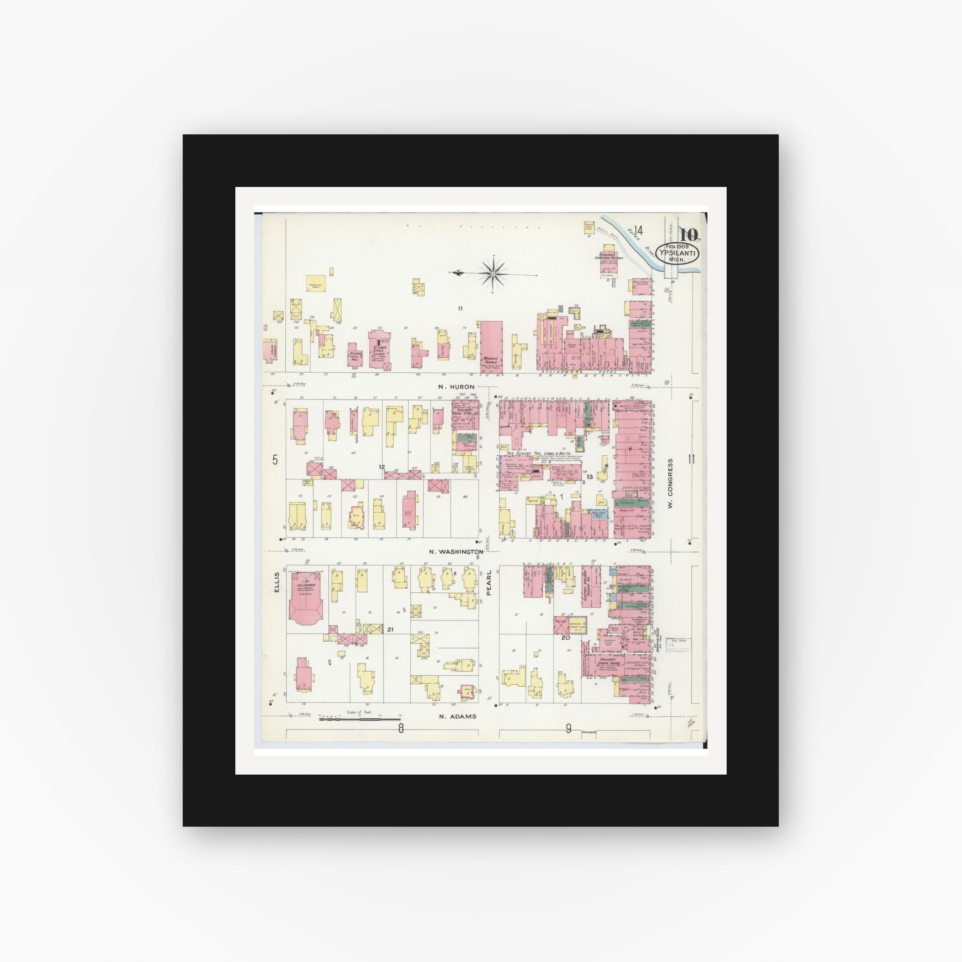 Old map wall art mockup — black gallery frame with white mat — Sanborn Fire Insurance Map from Ypsilanti, Washtenaw County, Michigan (1909), Sheet #0010