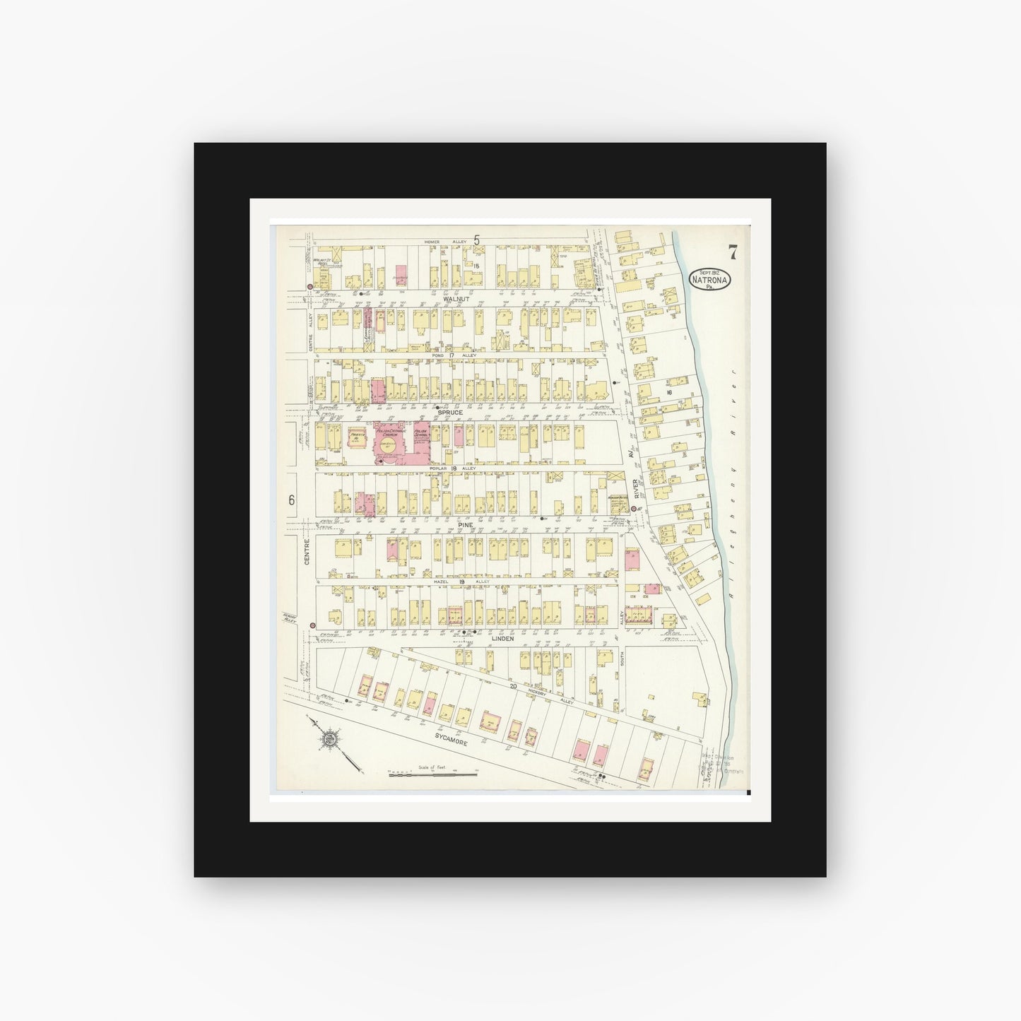 Old map wall art mockup — black gallery frame with white mat — Sanborn Fire Insurance Map from Natrona, Allegheny County, Pennsylvania (1912), Sheet #0007