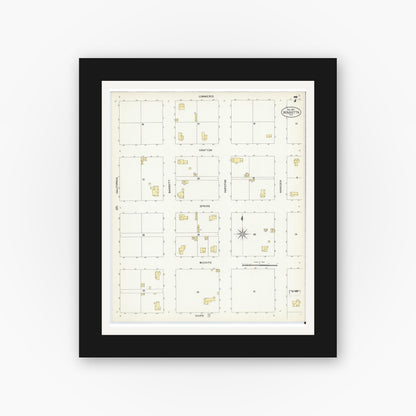 Old map wall art mockup — black gallery frame with white mat — Sanborn Fire Insurance Map from Henrietta, Clay County, Texas (1907), Sheet #0007