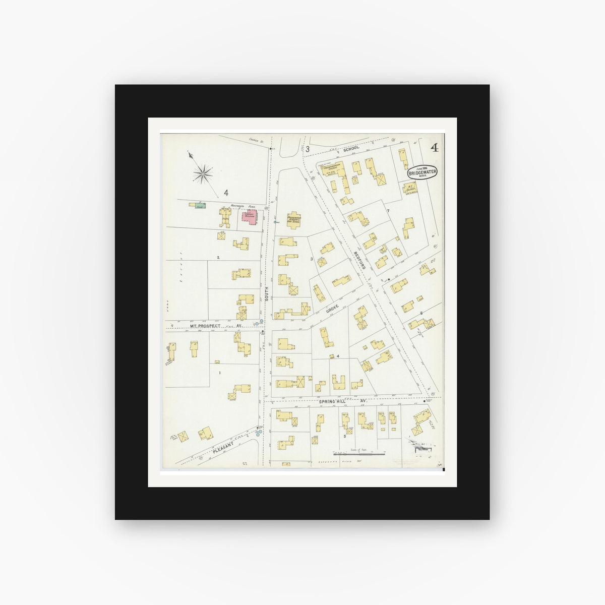 Old map wall art mockup — black gallery frame with white mat — Sanborn Fire Insurance Map from Bridgewater, Plymouth County, Massachusetts (1896), Sheet #0004