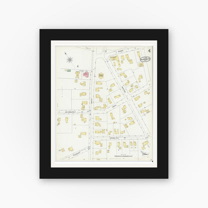 Old map wall art mockup — black gallery frame with white mat — Sanborn Fire Insurance Map from Bridgewater, Plymouth County, Massachusetts (1896), Sheet #0004