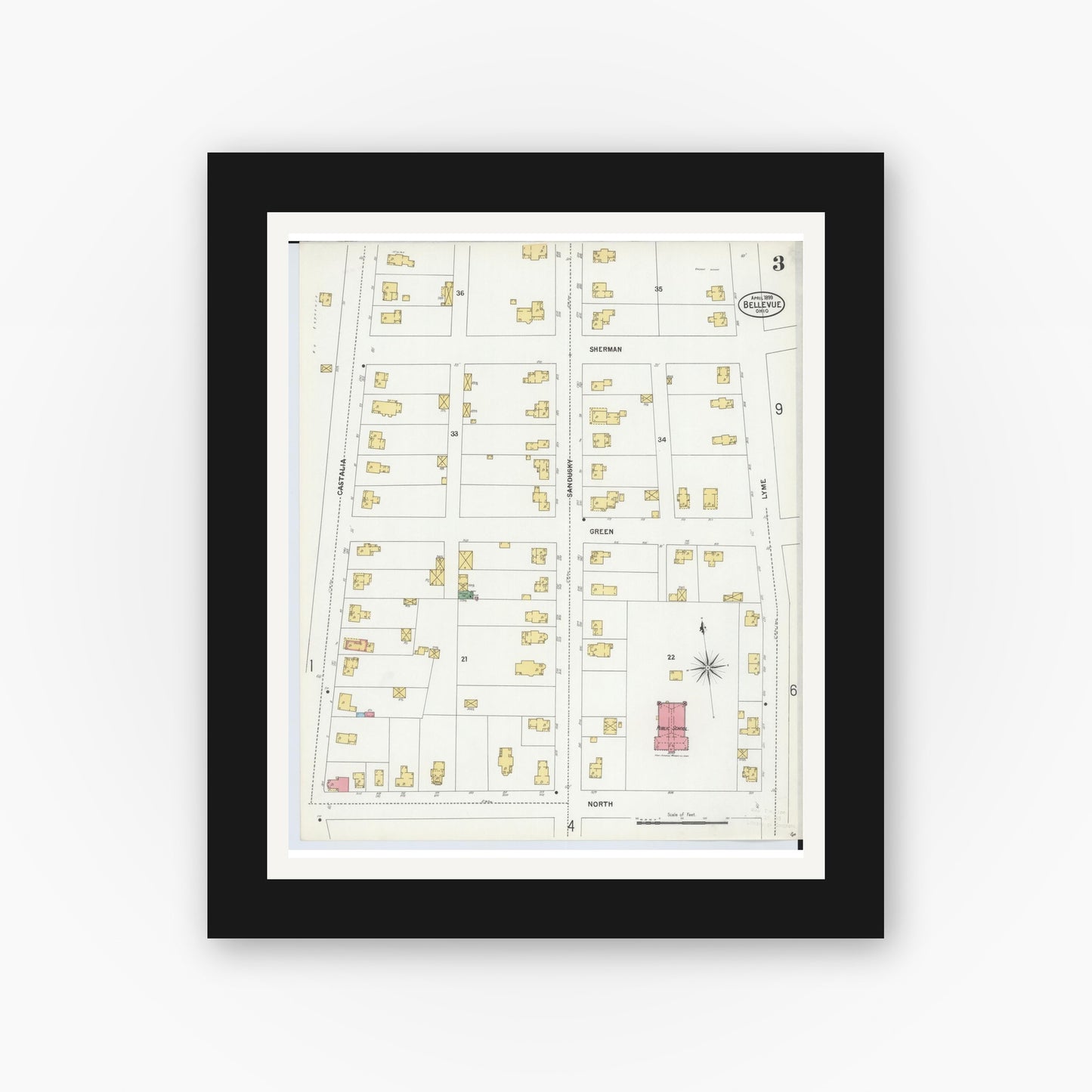 Old map wall art mockup — black gallery frame with white mat — Sanborn Fire Insurance Map from Bellevue, Huron And Sandusky County, Ohio (1899), Sheet #0003