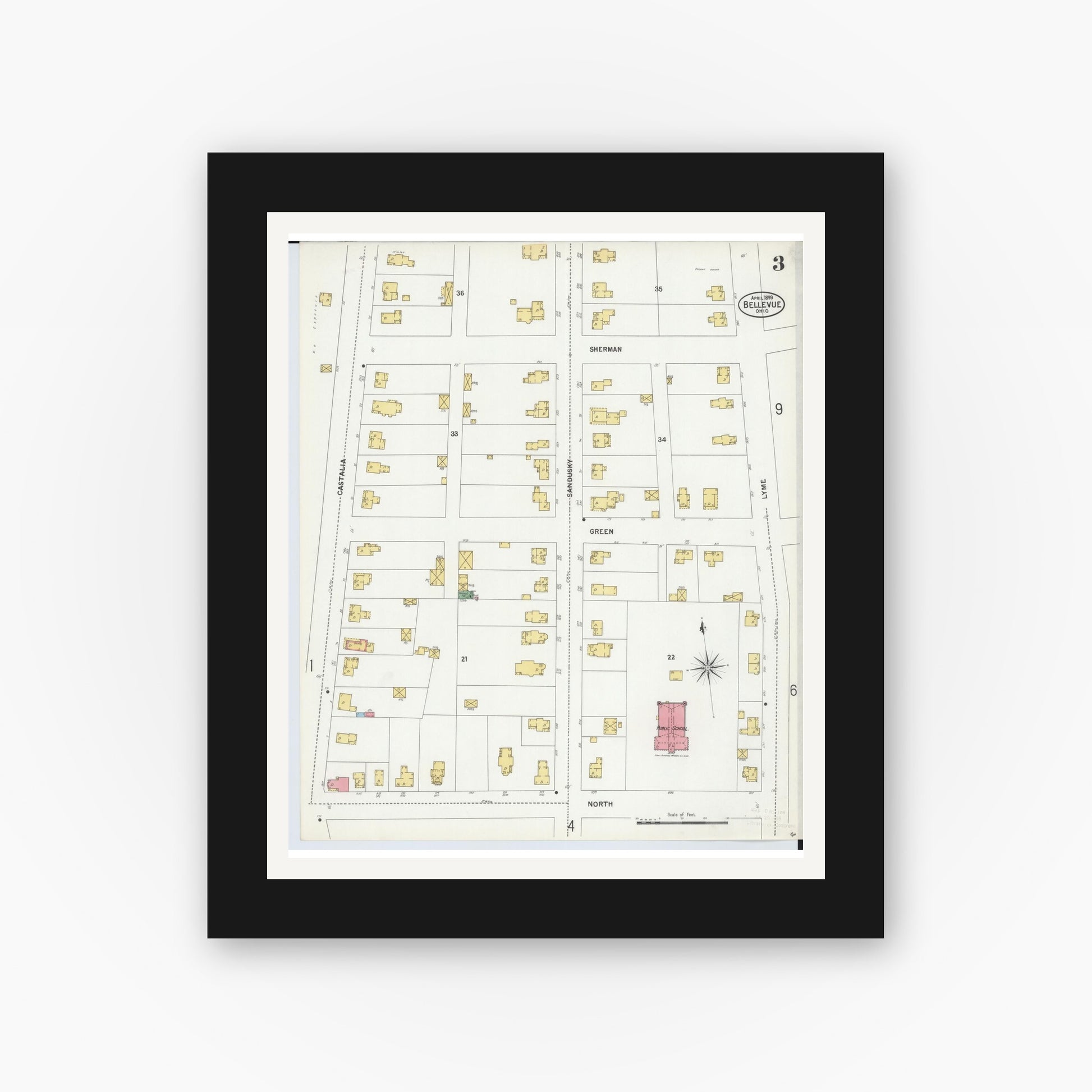 Old map wall art mockup — black gallery frame with white mat — Sanborn Fire Insurance Map from Bellevue, Huron And Sandusky County, Ohio (1899), Sheet #0003