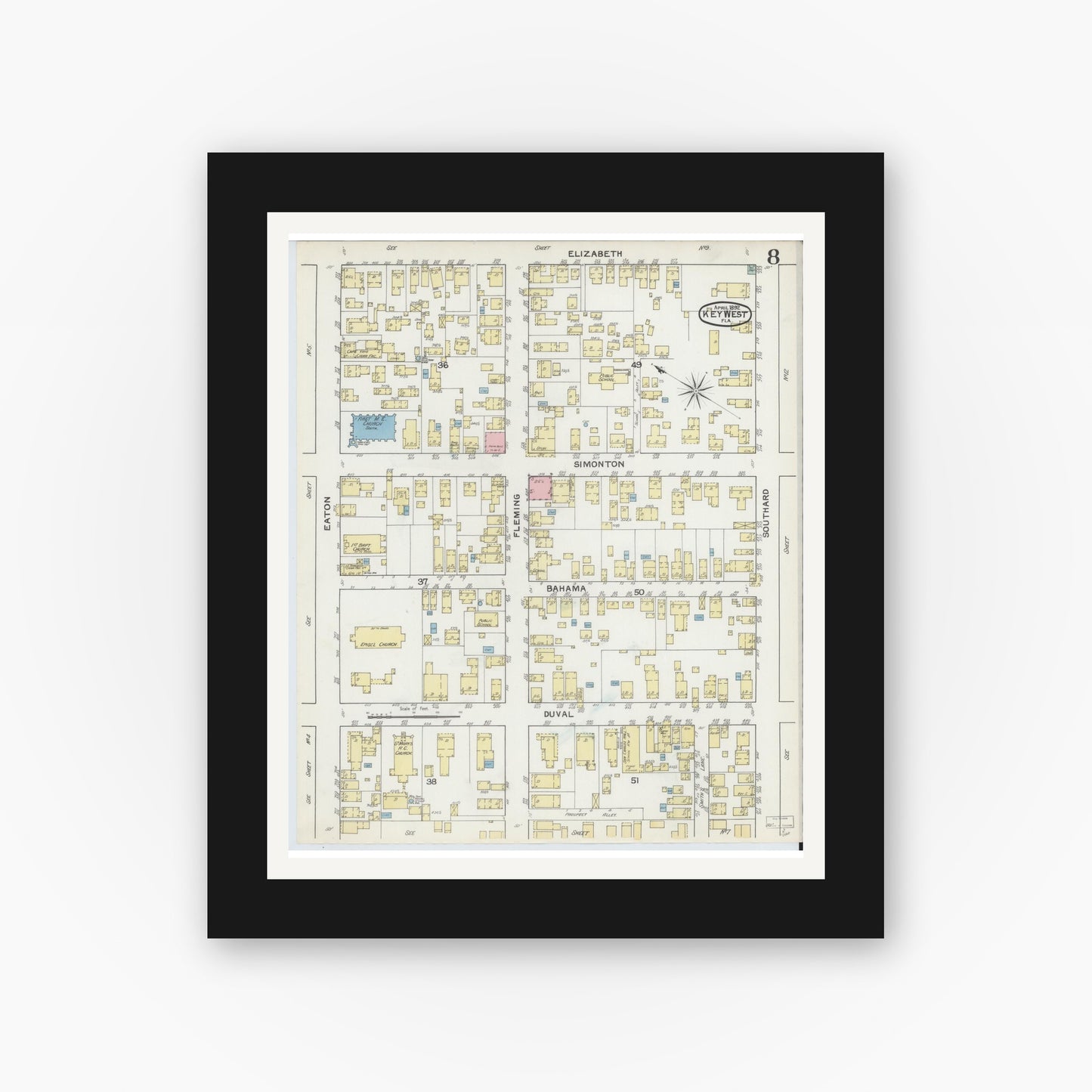 Old map wall art mockup — black gallery frame with white mat — Sanborn Fire Insurance Map from Key West, Monroe County, Florida (1892), Sheet #0008