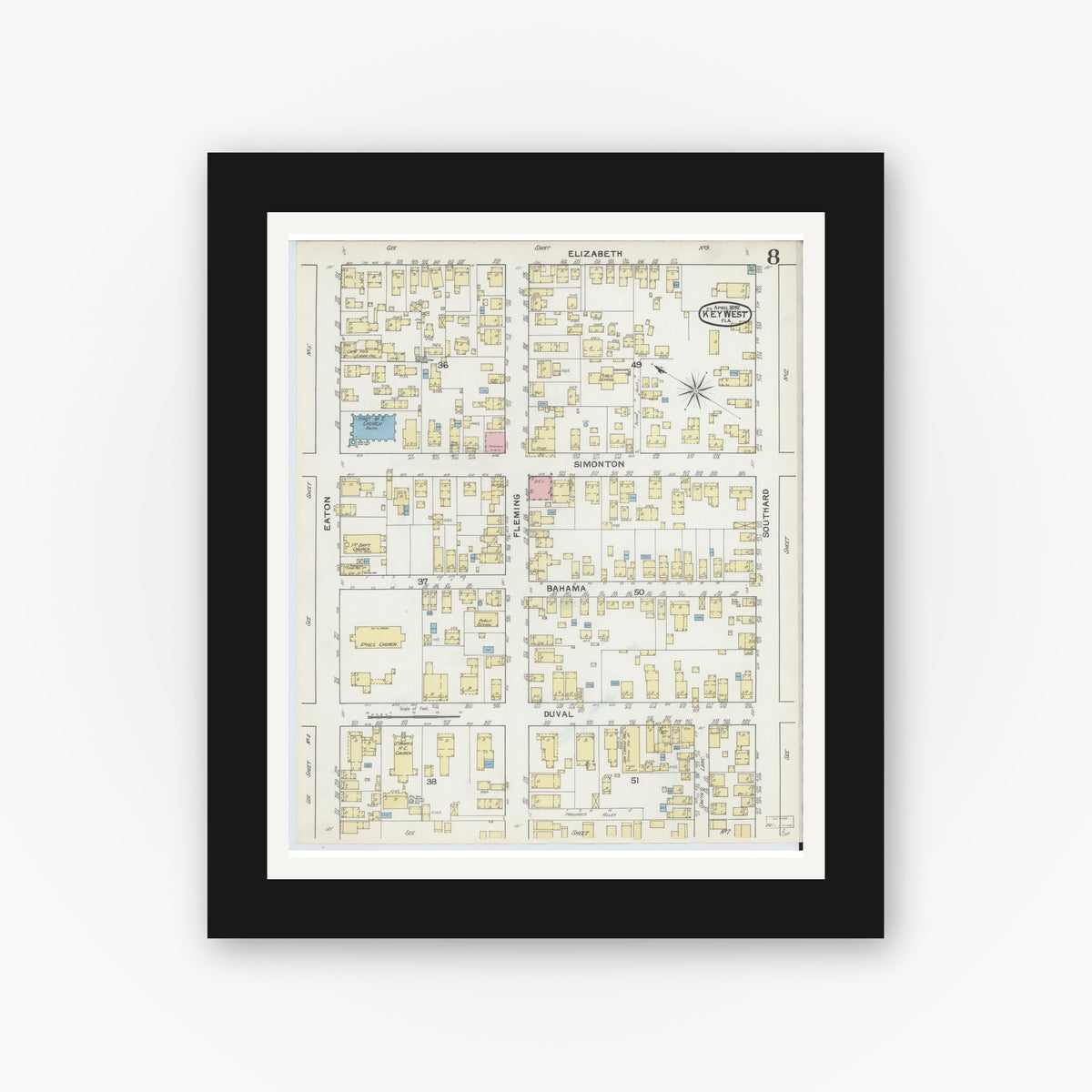 Old map wall art mockup — black gallery frame with white mat — Sanborn Fire Insurance Map from Key West, Monroe County, Florida (1892), Sheet #0008