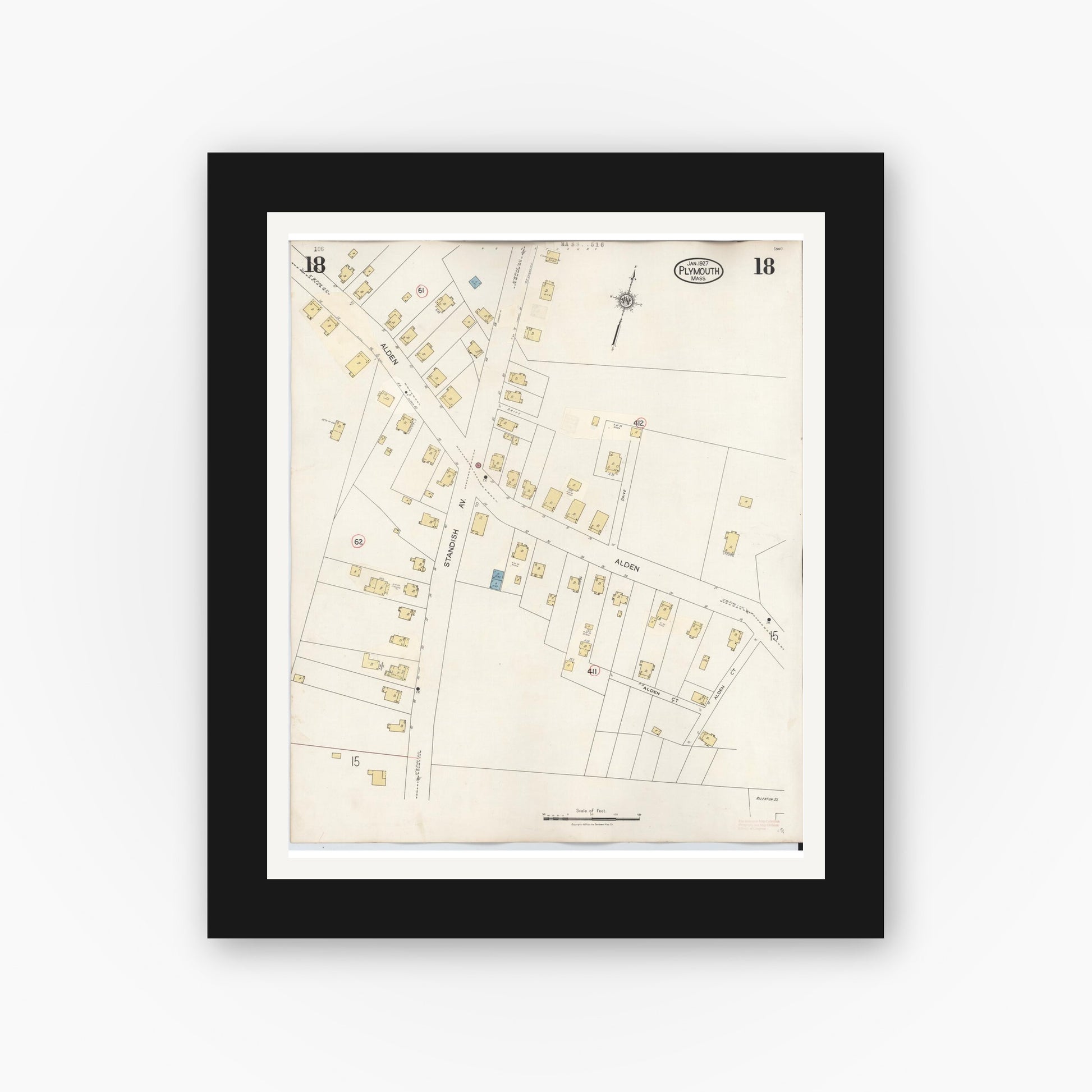 Old map wall art mockup — black gallery frame with white mat — Sanborn Fire Insurance Map from Plymouth, Plymouth County, Massachusetts (1948), Sheet #0018