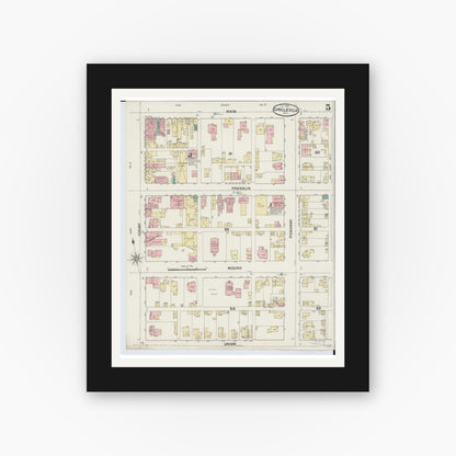 Old map wall art mockup — black gallery frame with white mat — Sanborn Fire Insurance Map from Circleville, Pickaway County, Ohio (1889), Sheet #0005
