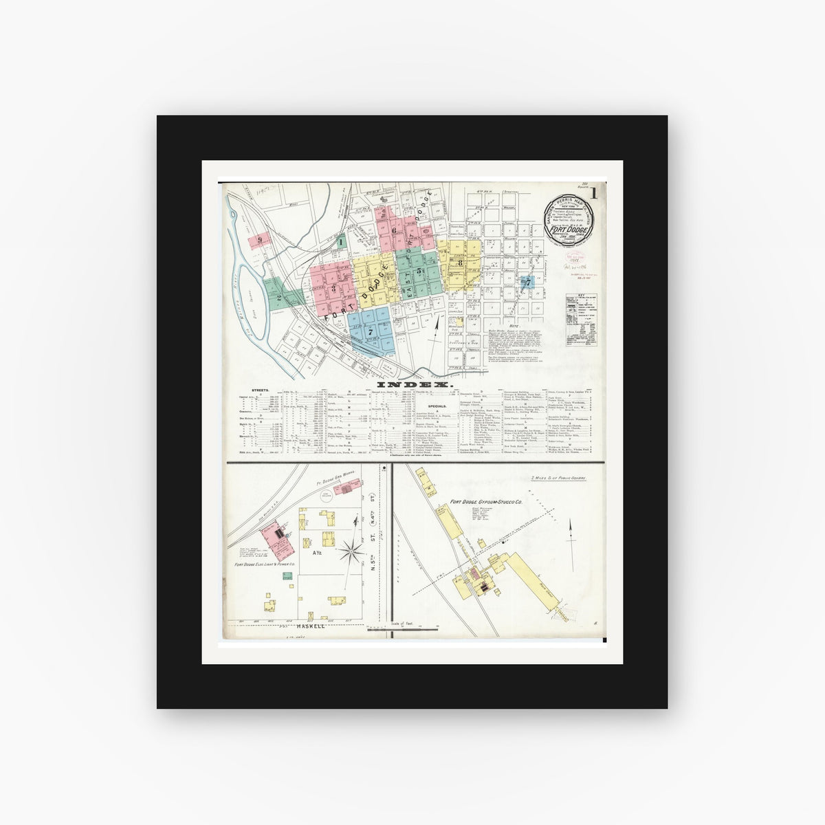Old map wall art mockup — black gallery frame with white mat — Sanborn Fire Insurance Map from Fort Dodge, Webster County, Iowa (1896) â€” Complete Set