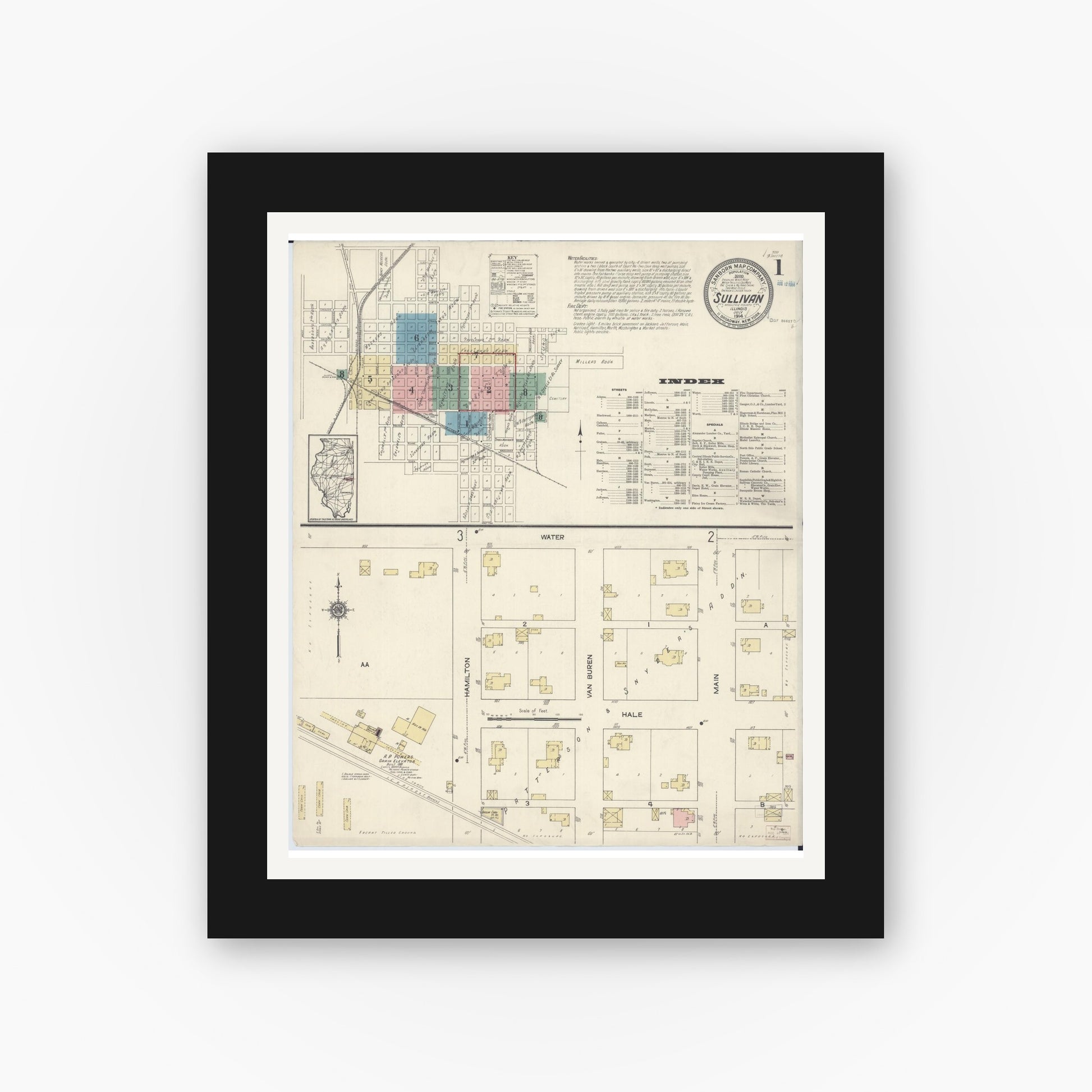 Old map wall art mockup — black gallery frame with white mat — Sanborn Fire Insurance Map from Sullivan, Moultrie County, Illinois (1914) - Complete Map Set