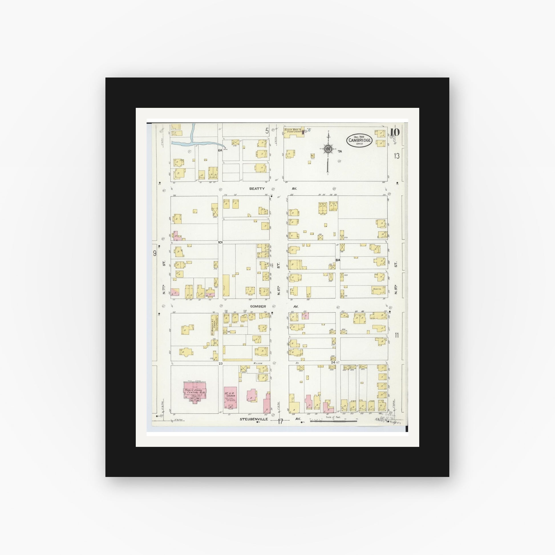 Old map wall art mockup — black gallery frame with white mat — Sanborn Fire Insurance Map from Cambridge, Guernsey County, Ohio (1909), Sheet #0010