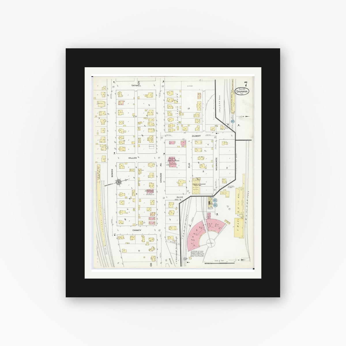 Old map wall art mockup — black gallery frame with white mat — Sanborn Fire Insurance Map from Savanna, Carroll County, Illinois (1912), Sheet #0007
