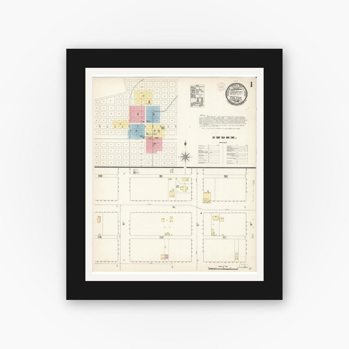 Old map wall art mockup — black gallery frame with white mat — Sanborn Fire Insurance Map from Colton, San Bernardino County, California (1894) - Complete Map Set