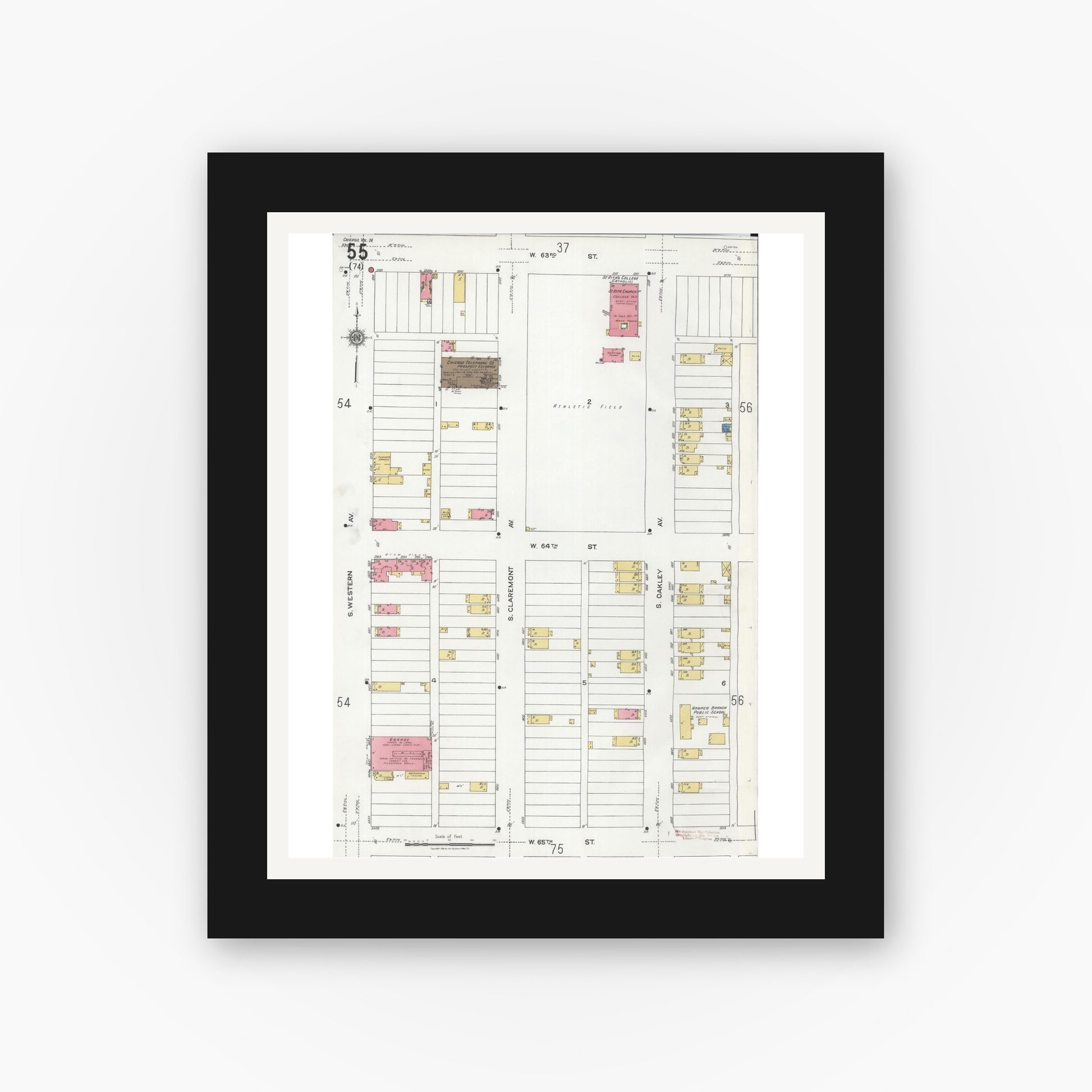 Old map wall art mockup — black gallery frame with white mat — Sanborn Fire Insurance Map from Chicago, Cook County, Illinois (1920), Sheet #0055