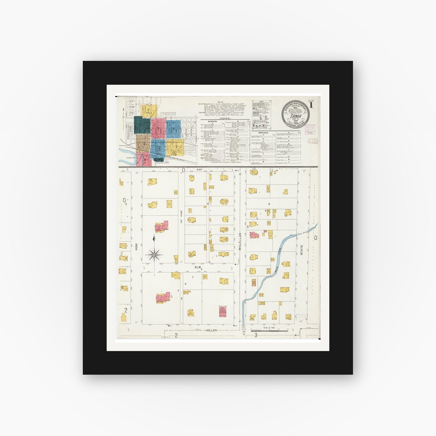 Old map wall art mockup — black gallery frame with white mat — Sanborn Fire Insurance Map from Tama, Tama County, Iowa (1906) â€” Complete Set