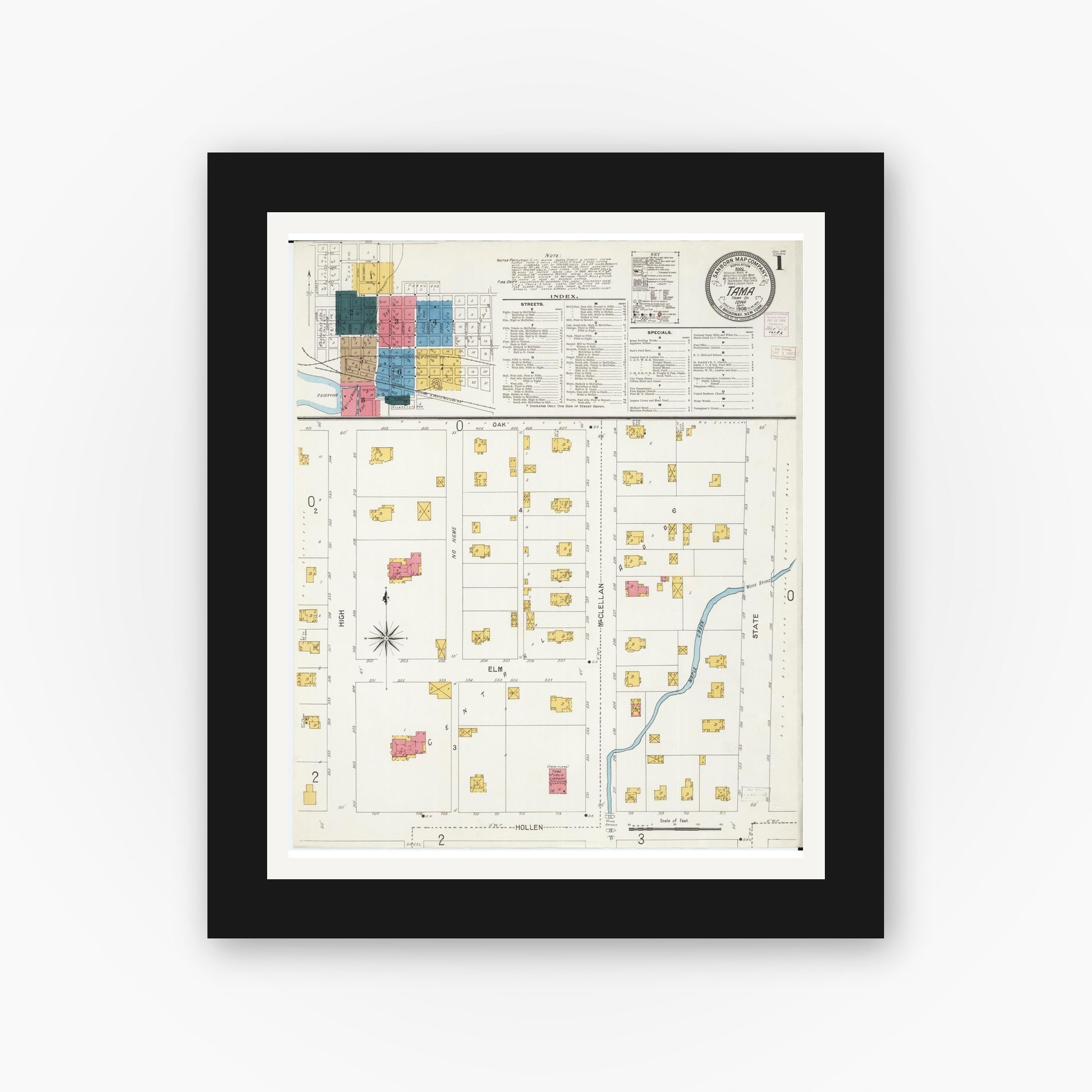 Old map wall art mockup — black gallery frame with white mat — Sanborn Fire Insurance Map from Tama, Tama County, Iowa (1906) â€” Complete Set
