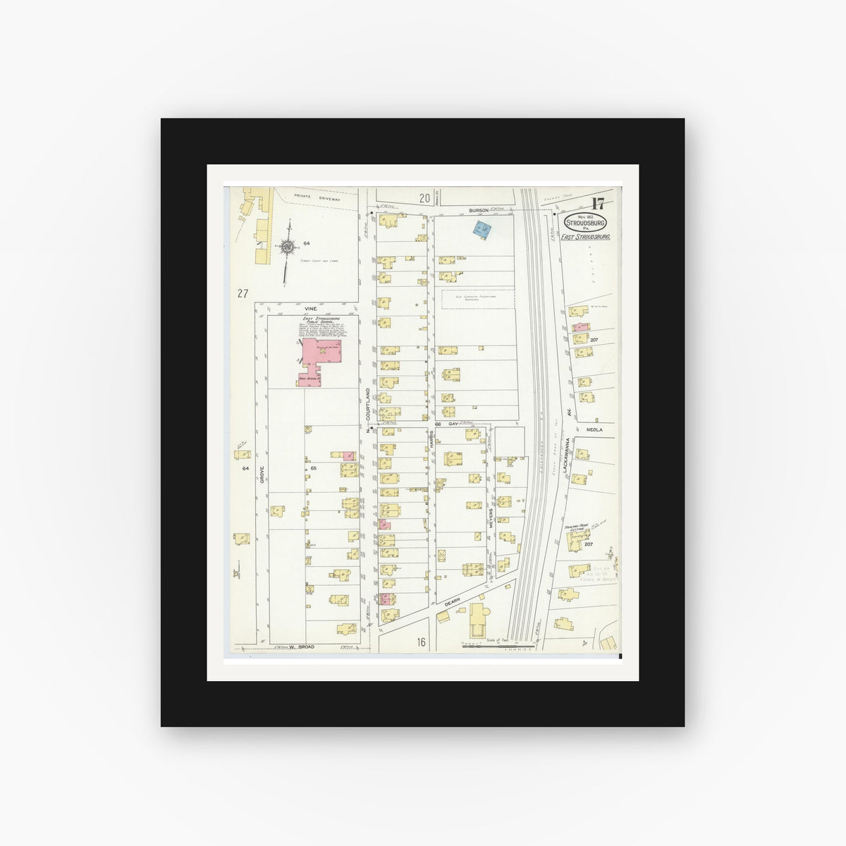 Old map wall art mockup — black gallery frame with white mat — Sanborn Fire Insurance Map from Stroudsburg, Monroe County, Pennsylvania (1912), Sheet #0017
