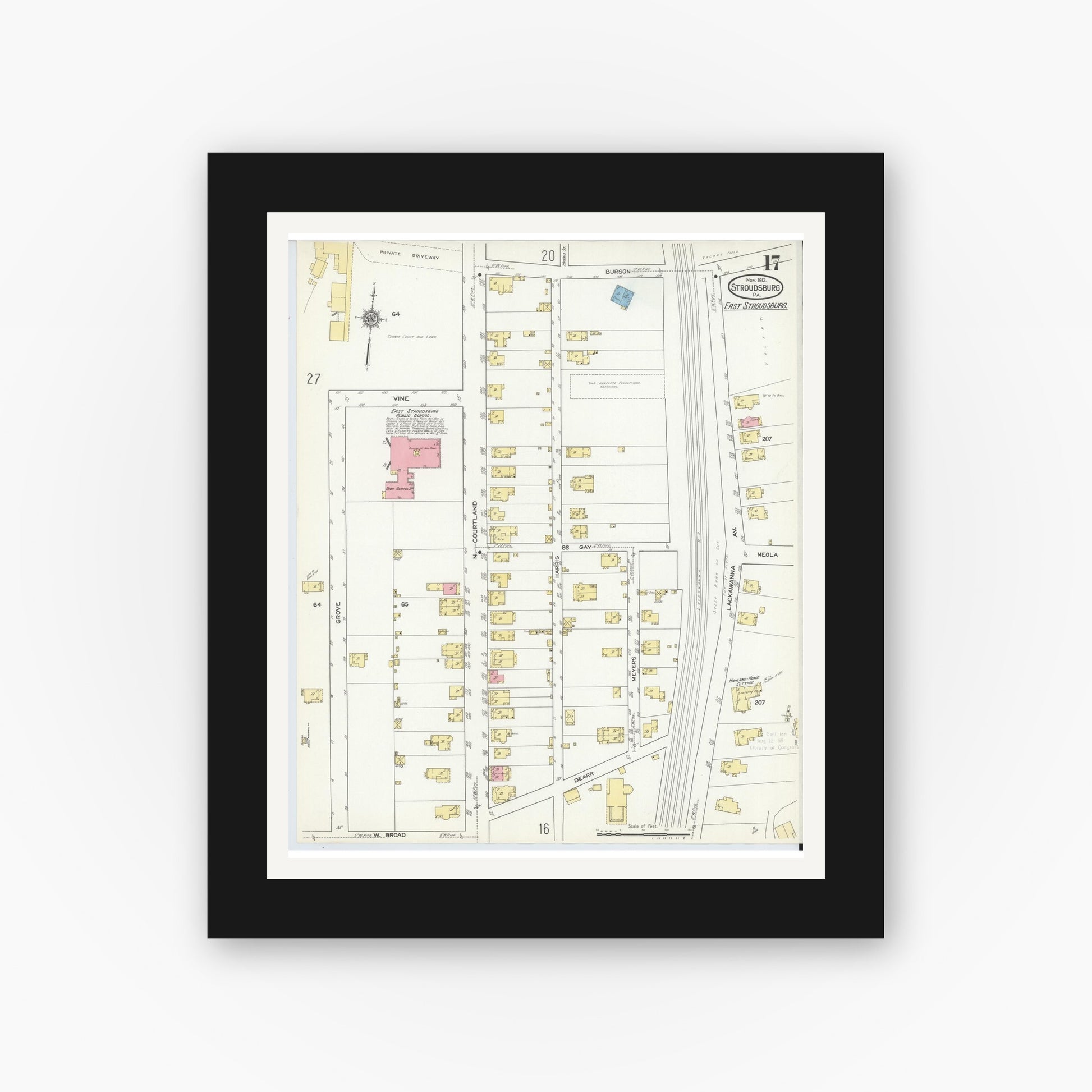 Old map wall art mockup — black gallery frame with white mat — Sanborn Fire Insurance Map from Stroudsburg, Monroe County, Pennsylvania (1912), Sheet #0017