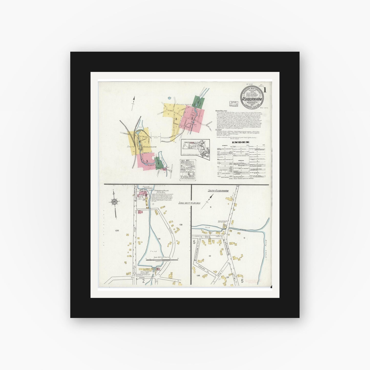 Old map wall art mockup — black gallery frame with white mat — Sanborn Fire Insurance Map from Ashburnham, Worcester County, Massachusetts (1917) - Complete Map Set