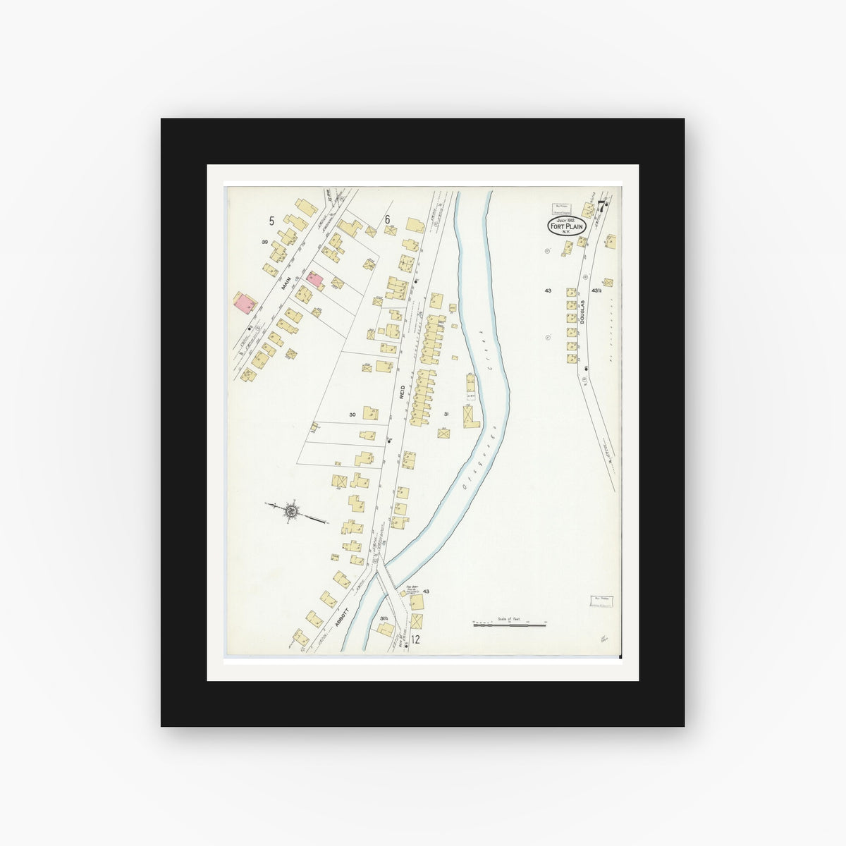 Old map wall art mockup — black gallery frame with white mat — Sanborn Fire Insurance Map from Fort Plain, Montgomery County, New York (1912), Sheet #0007