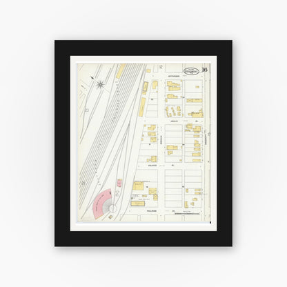 Old map wall art mockup — black gallery frame with white mat — Sanborn Fire Insurance Map from Beaumont, Jefferson County, Texas (1904), Sheet #0016