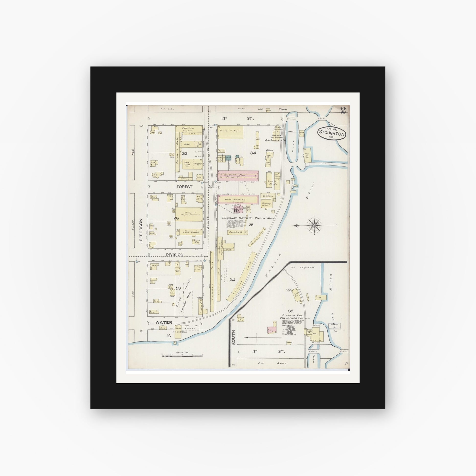 Old map wall art mockup — black gallery frame with white mat — Sanborn Fire Insurance Map from Stoughton, Dane County, Wisconsin (1887), Sheet #0002