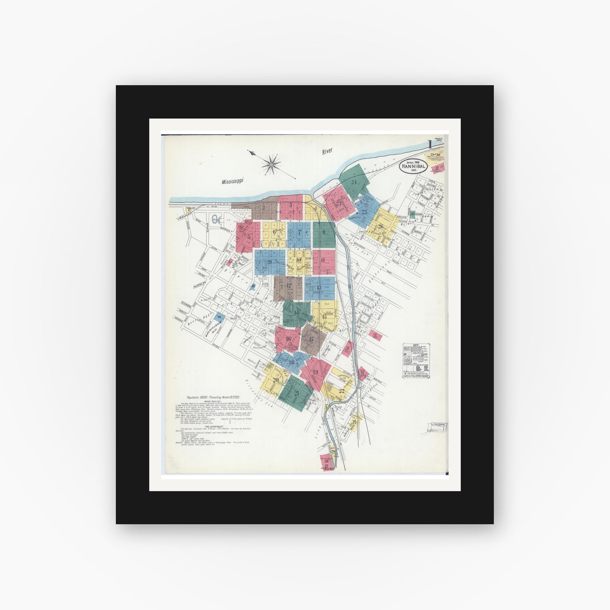 Old map wall art mockup — black gallery frame with white mat — Sanborn Fire Insurance Map from Hannibal, Marion County, Missouri (1906) - Complete Map Set
