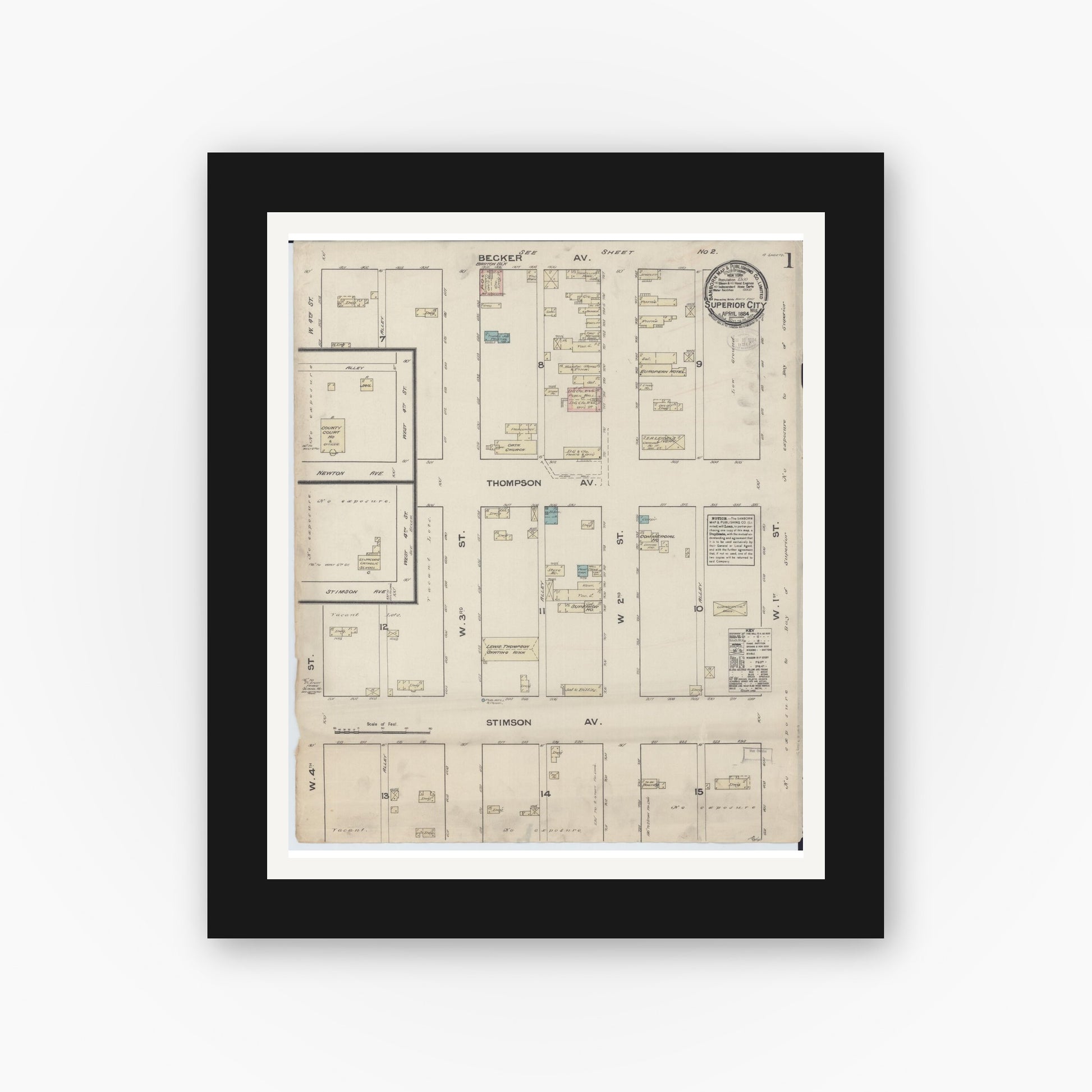 Old map wall art mockup — black gallery frame with white mat — Sanborn Fire Insurance Map from Superior, Douglas County, Wisconsin (1884), Sheet #0001