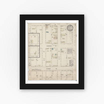 Old map wall art mockup — black gallery frame with white mat — Sanborn Fire Insurance Map from Superior, Douglas County, Wisconsin (1884), Sheet #0001