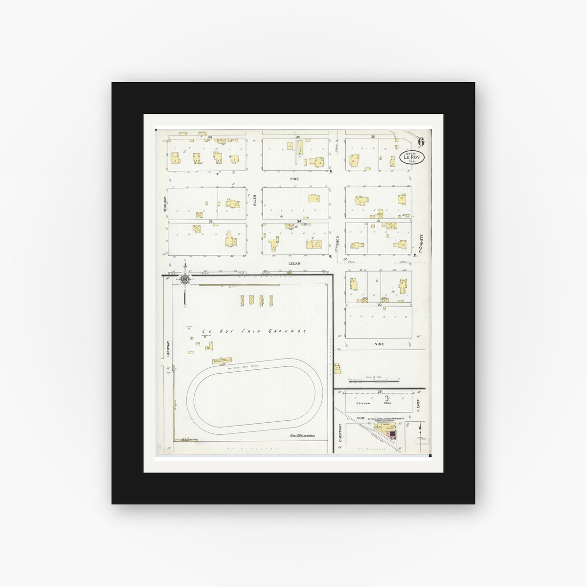 Old map wall art mockup — black gallery frame with white mat — Sanborn Fire Insurance Map from Leroy, McLean County, Illinois (1911), Sheet #0006