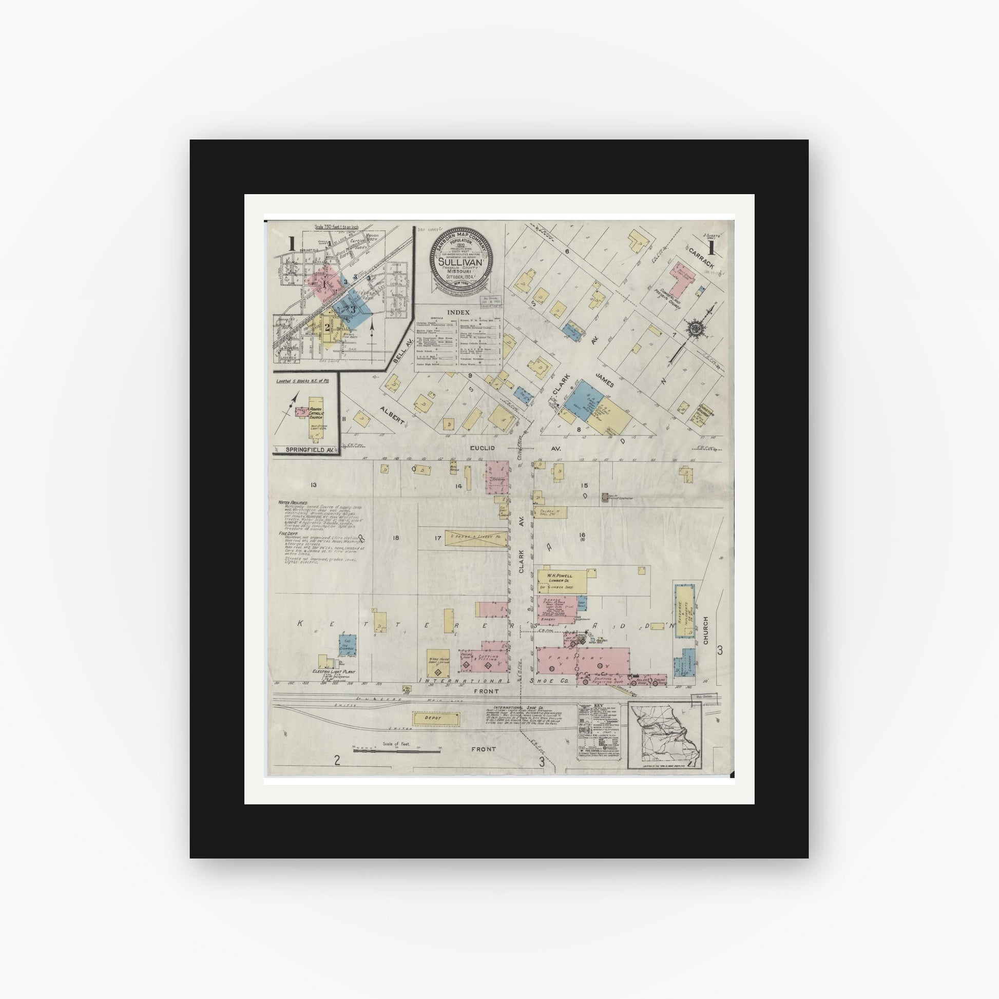 Old map wall art mockup — black gallery frame with white mat — Sanborn Fire Insurance Map from Sullivan, Franklin County, Missouri (1924) - Complete Map Set