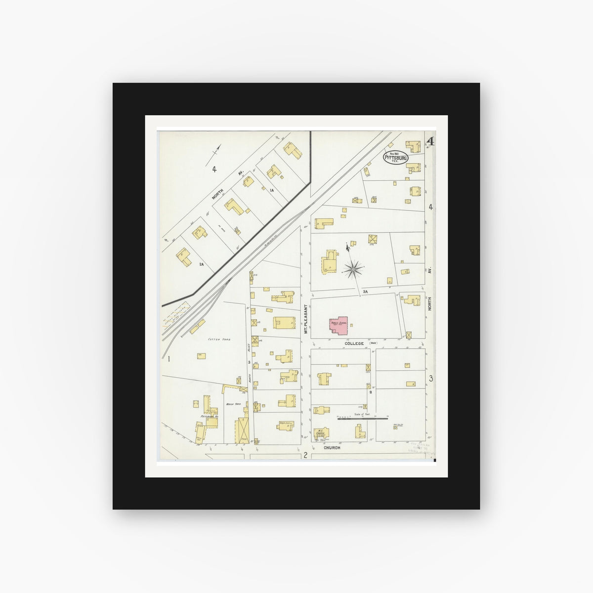 Old map wall art mockup — black gallery frame with white mat — Sanborn Fire Insurance Map from Pittsburg, Camp County, Texas (1901), Sheet #0004
