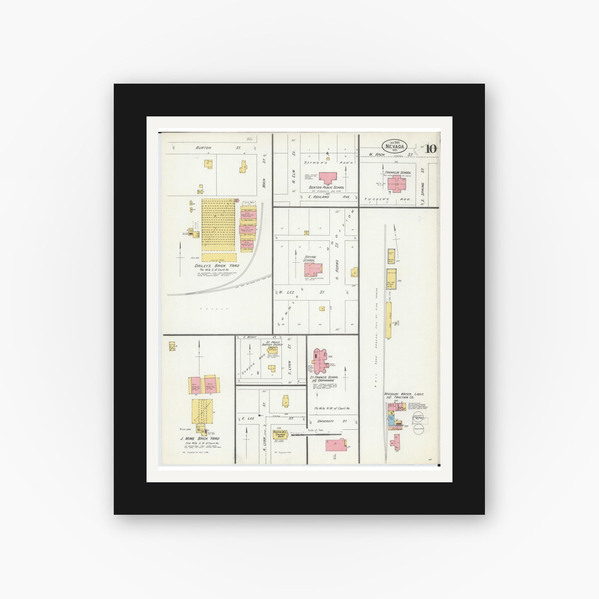 Old map wall art mockup — black gallery frame with white mat — Sanborn Fire Insurance Map from Nevada, Vernon County, Missouri (1900), Sheet #0010