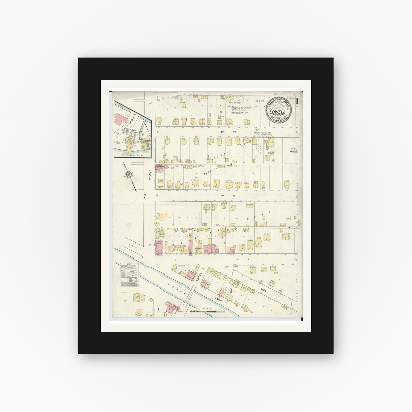Old map wall art mockup — black gallery frame with white mat — Sanborn Fire Insurance Map from Lowell, Washington County, Ohio (1911), Sheet #0001