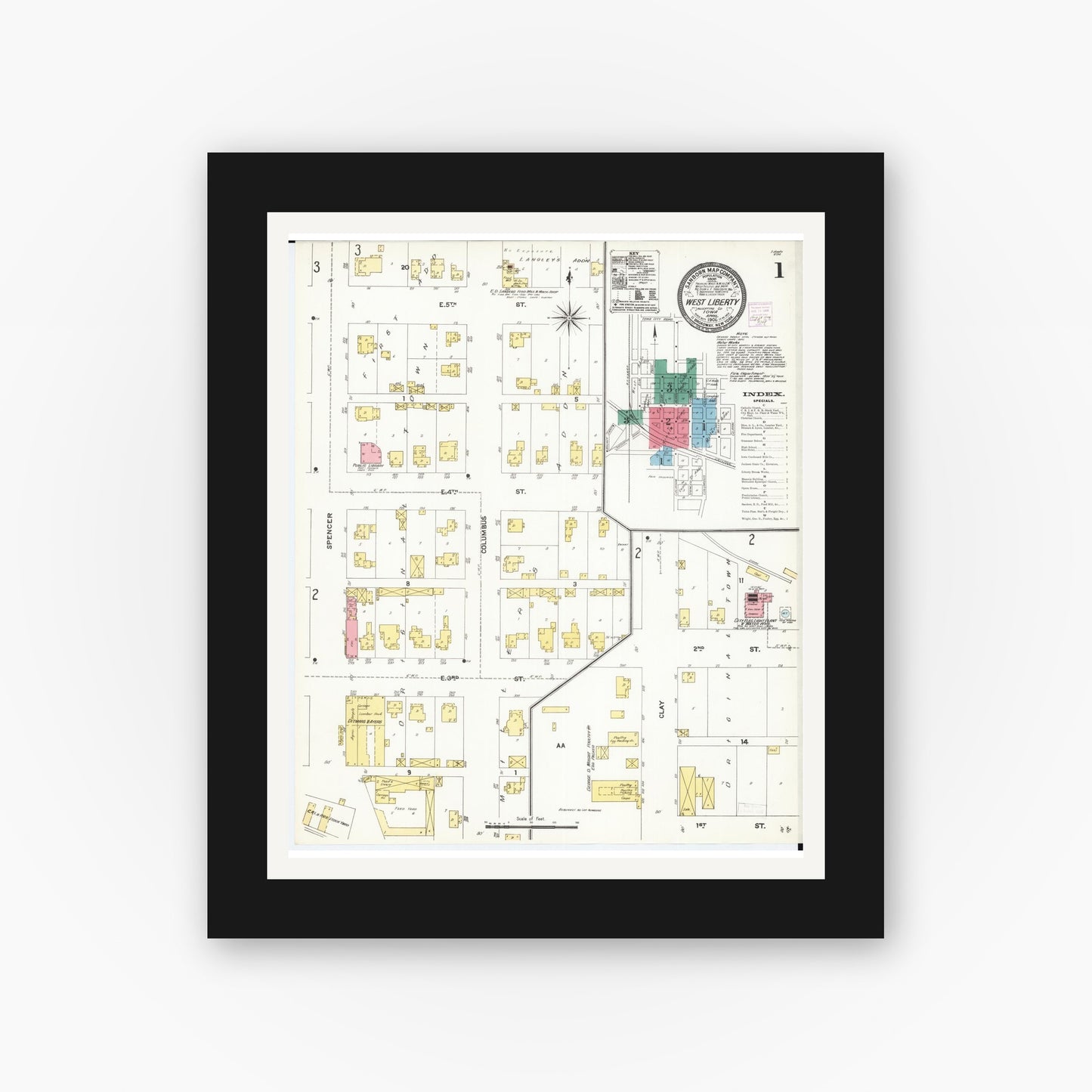 Old map wall art mockup — black gallery frame with white mat — Sanborn Fire Insurance Map from West Liberty, Muscatine County, Iowa (1906) â€” Complete Set