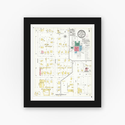 Old map wall art mockup — black gallery frame with white mat — Sanborn Fire Insurance Map from West Liberty, Muscatine County, Iowa (1906) â€” Complete Set