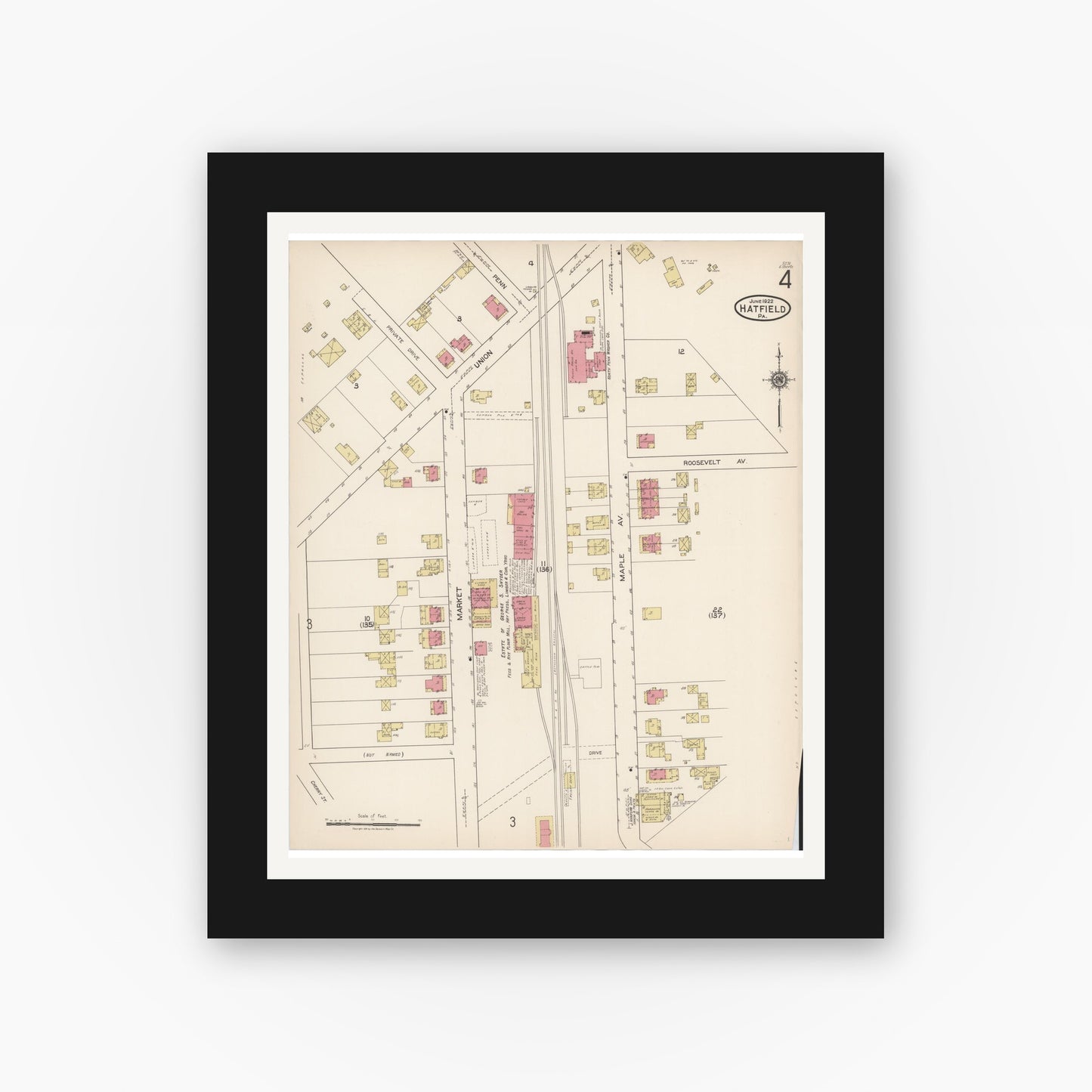 Old map wall art mockup — black gallery frame with white mat — Sanborn Fire Insurance Map from Hatfield, Montgomery County, Pennsylvania (1922), Sheet #0004