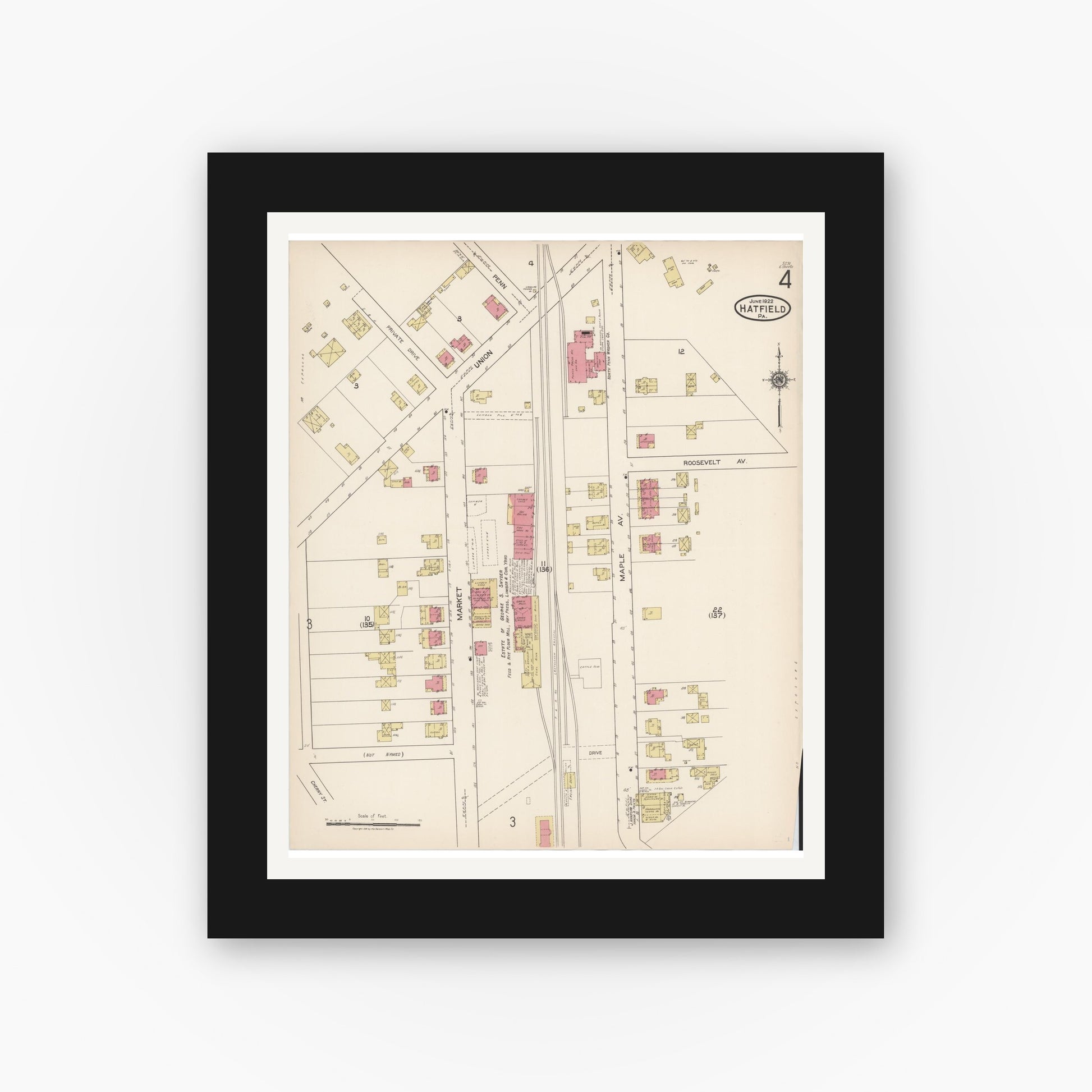 Old map wall art mockup — black gallery frame with white mat — Sanborn Fire Insurance Map from Hatfield, Montgomery County, Pennsylvania (1922), Sheet #0004
