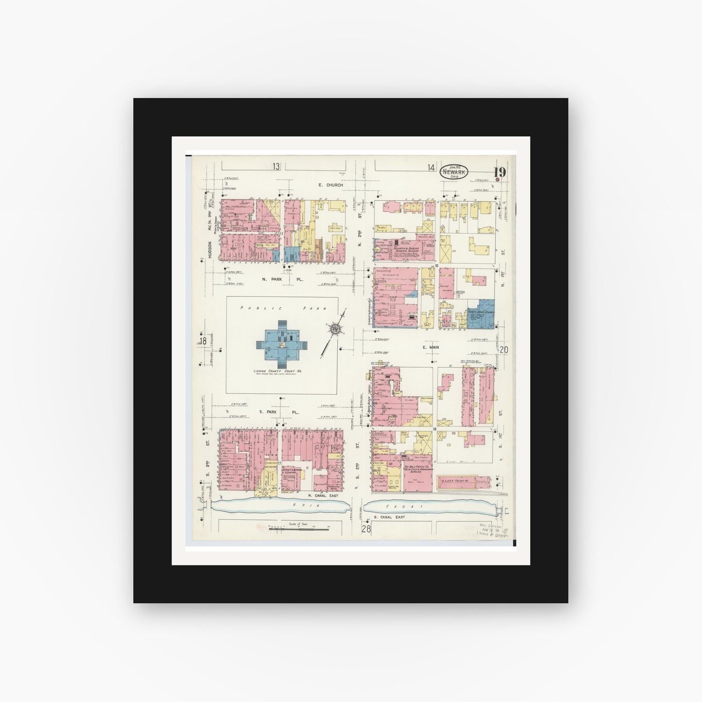 Old map wall art mockup — black gallery frame with white mat — Sanborn Fire Insurance Map from Newark, Licking County, Ohio (1912), Sheet #0019