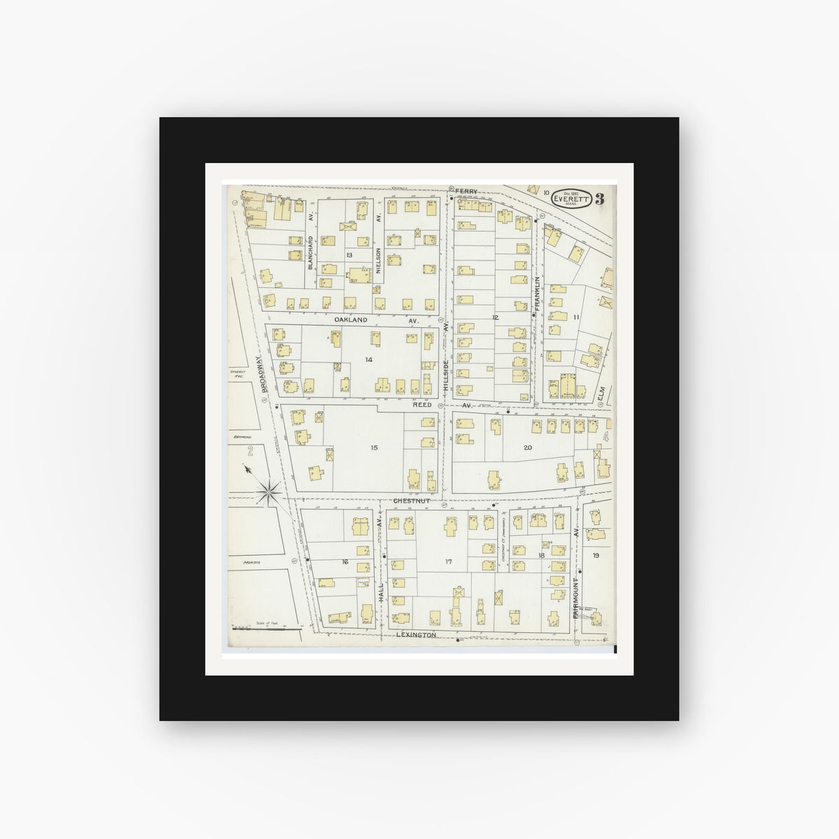Old map wall art mockup — black gallery frame with white mat — Sanborn Fire Insurance Map from Everett, Middlesex County, Massachusetts (1892), Sheet #0003