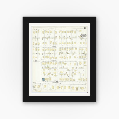Old map wall art mockup — black gallery frame with white mat — Sanborn Fire Insurance Map from Cleburne, Johnson County, Texas (1910), Sheet #0019