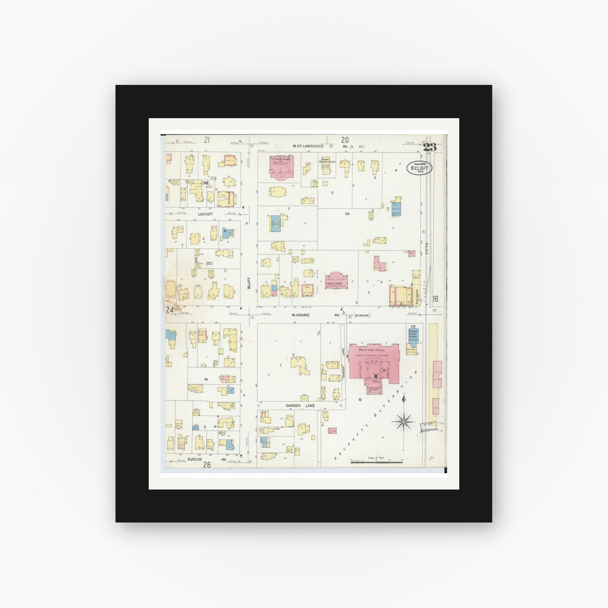Old map wall art mockup — black gallery frame with white mat — Sanborn Fire Insurance Map from Beloit, Rock County, Wisconsin (1908), Sheet #0023