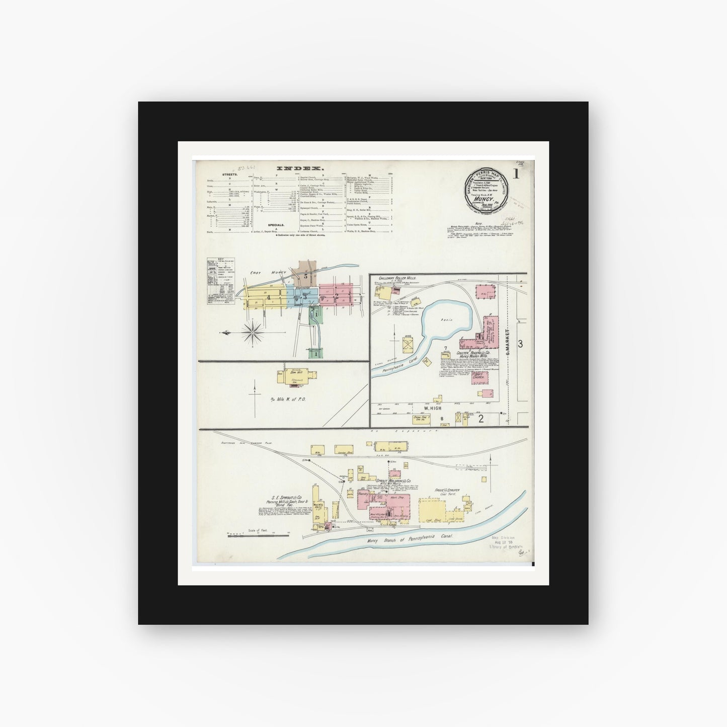 Old map wall art mockup — black gallery frame with white mat — Sanborn Fire Insurance Map from Muncy, Lycoming County, Pennsylvania (1896), Sheet #0001