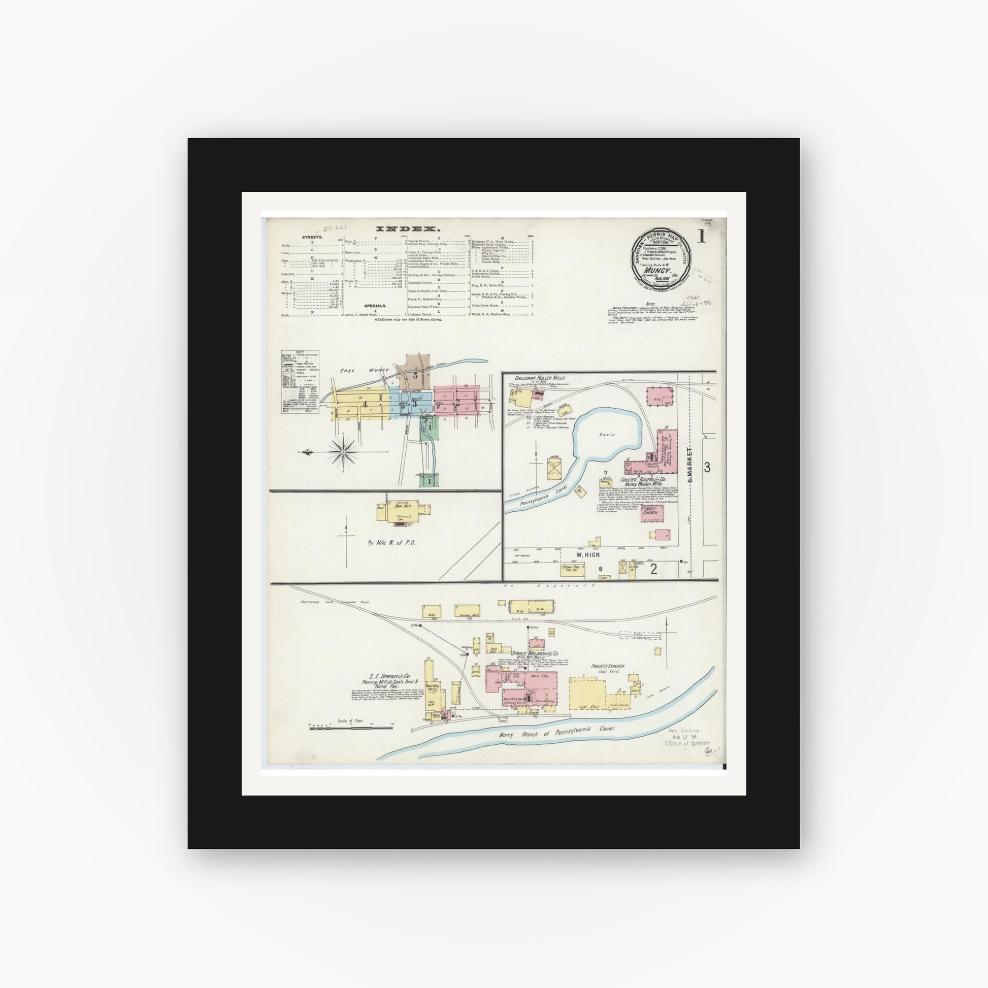 Old map wall art mockup — black gallery frame with white mat — Sanborn Fire Insurance Map from Muncy, Lycoming County, Pennsylvania (1896), Sheet #0001