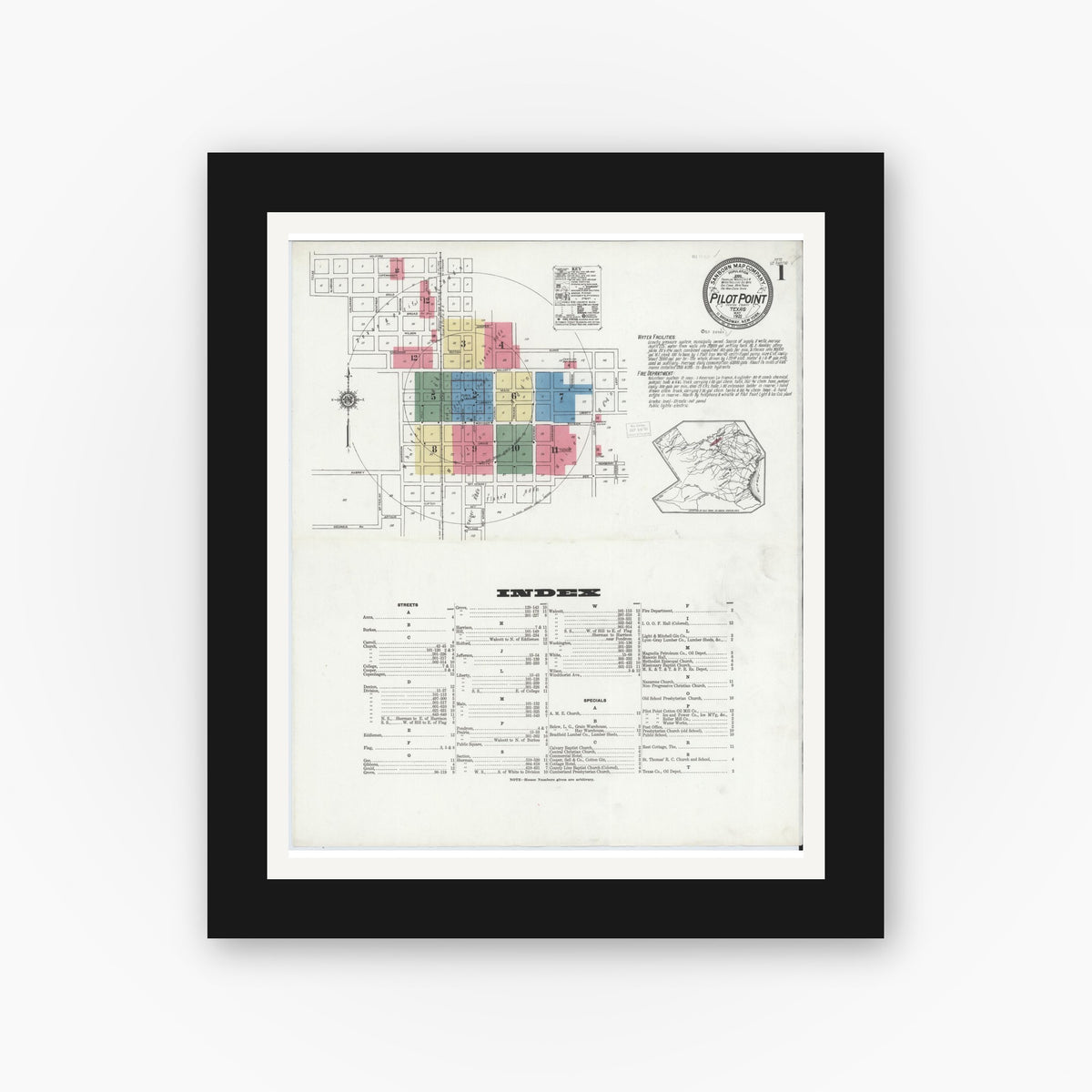 Old map wall art mockup — black gallery frame with white mat — Sanborn Fire Insurance Map from Pilot Point, Denton County, Texas (1921), Sheet #0001